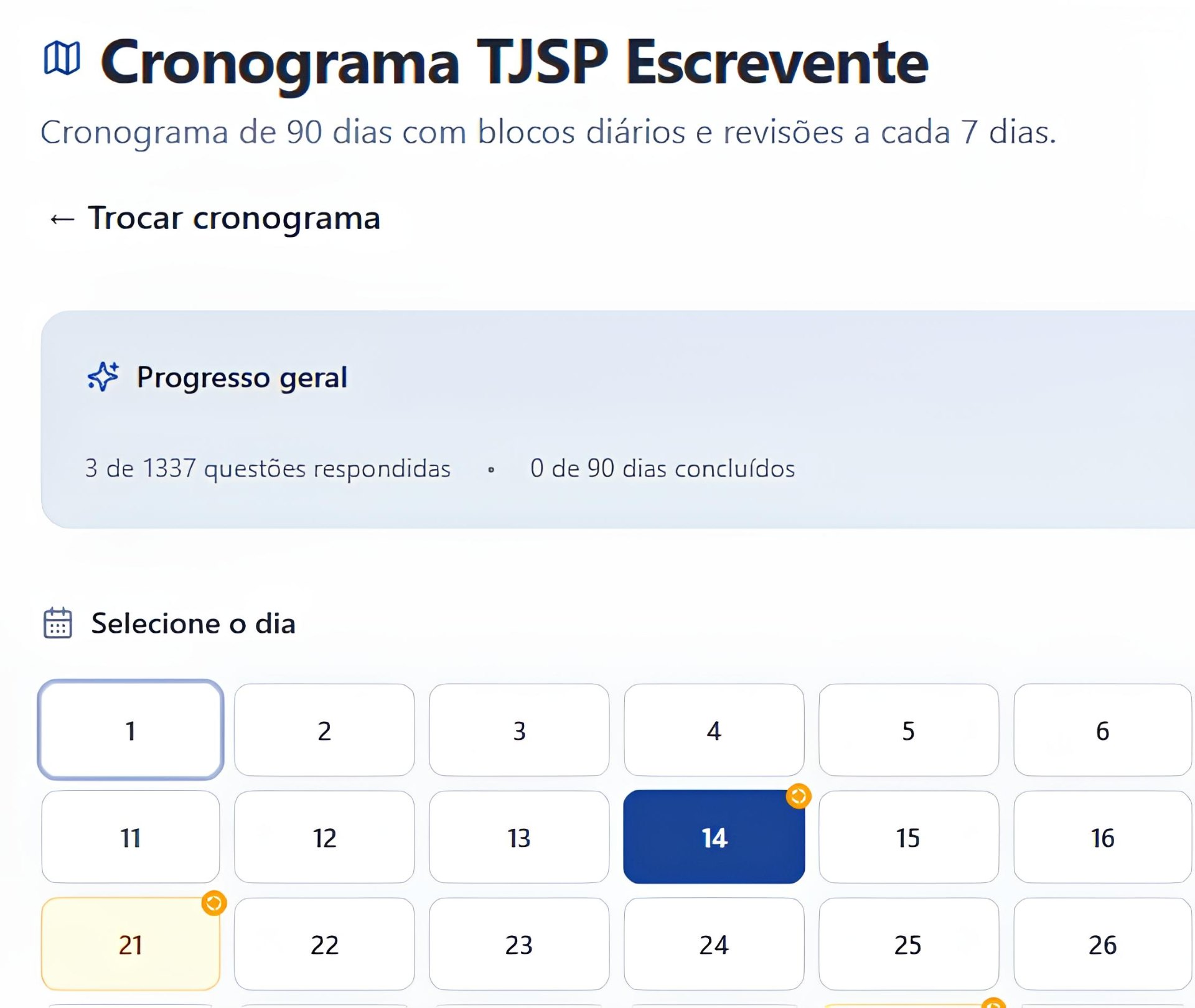 Cronograma TJSP Escrevente: 90 dias com blocos diários e revisões